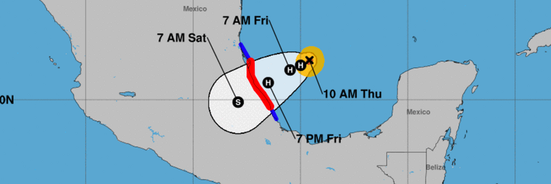Projected path of hurricane Katia. The red strip represents areas in which hurricane watches are in effect. (Image: NOAA)